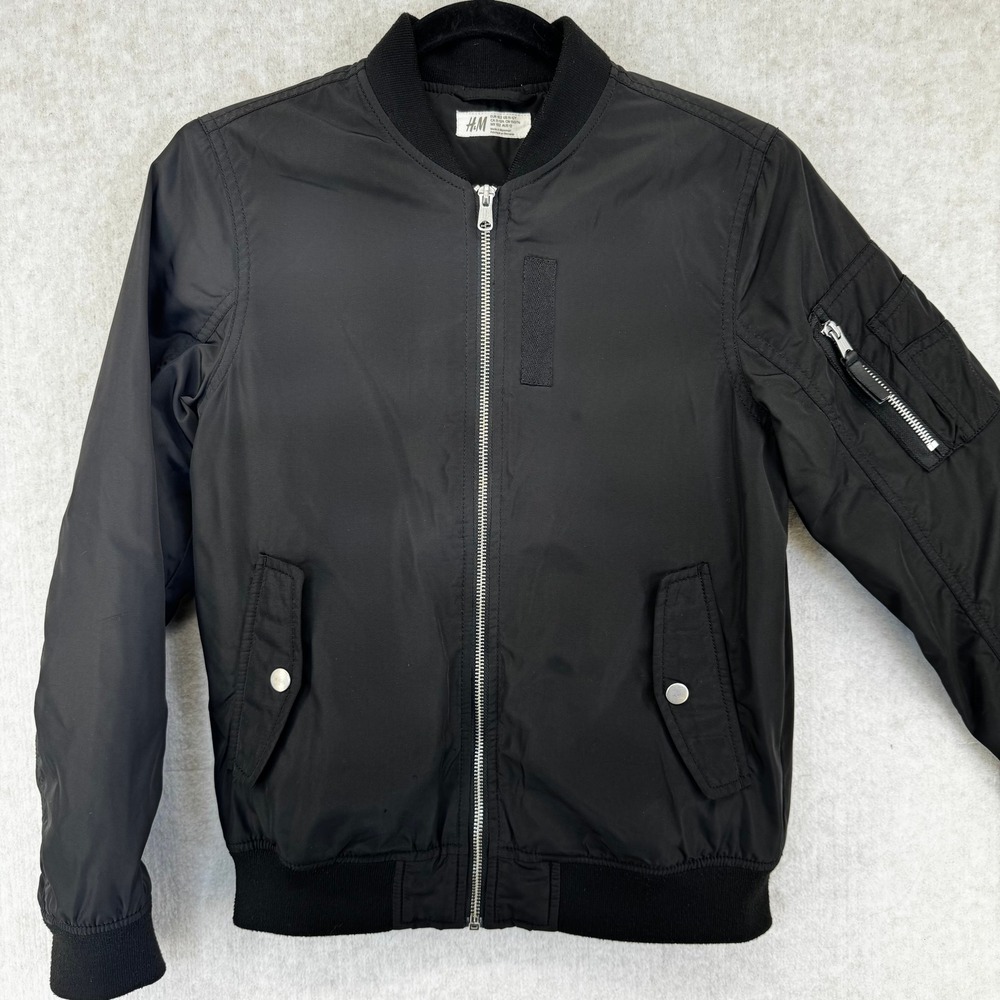 H&M Kids Black Bomber Jacket Quilted Lining Full Zip Flight Coat Size 11-12Y